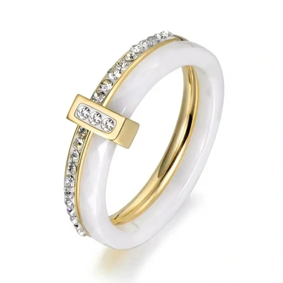 Jewelry - Stainless Steel Ceramic Zircon Gold Plated White Ring